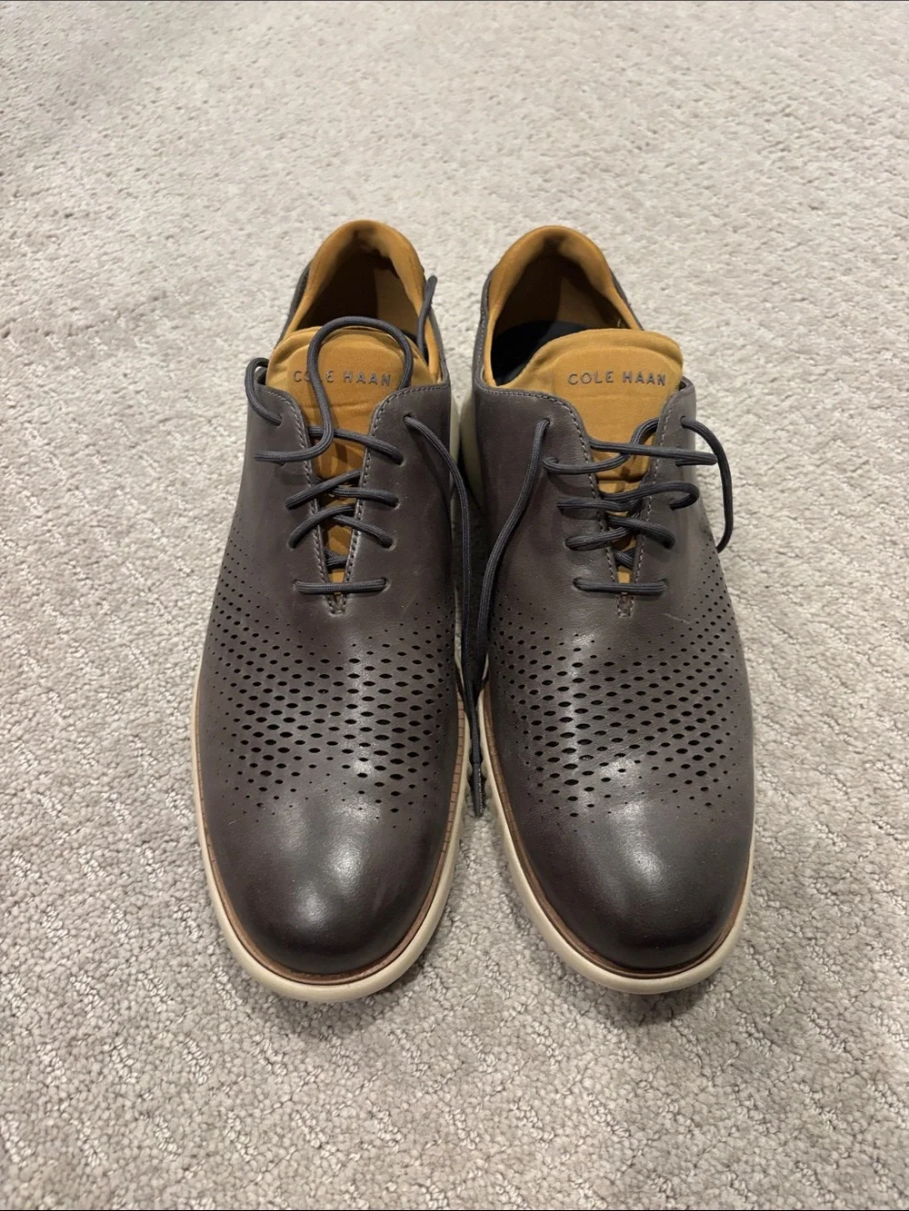 Cole Haan Dark Brown Perforated Leather Derby Oxfords with Tan Lining